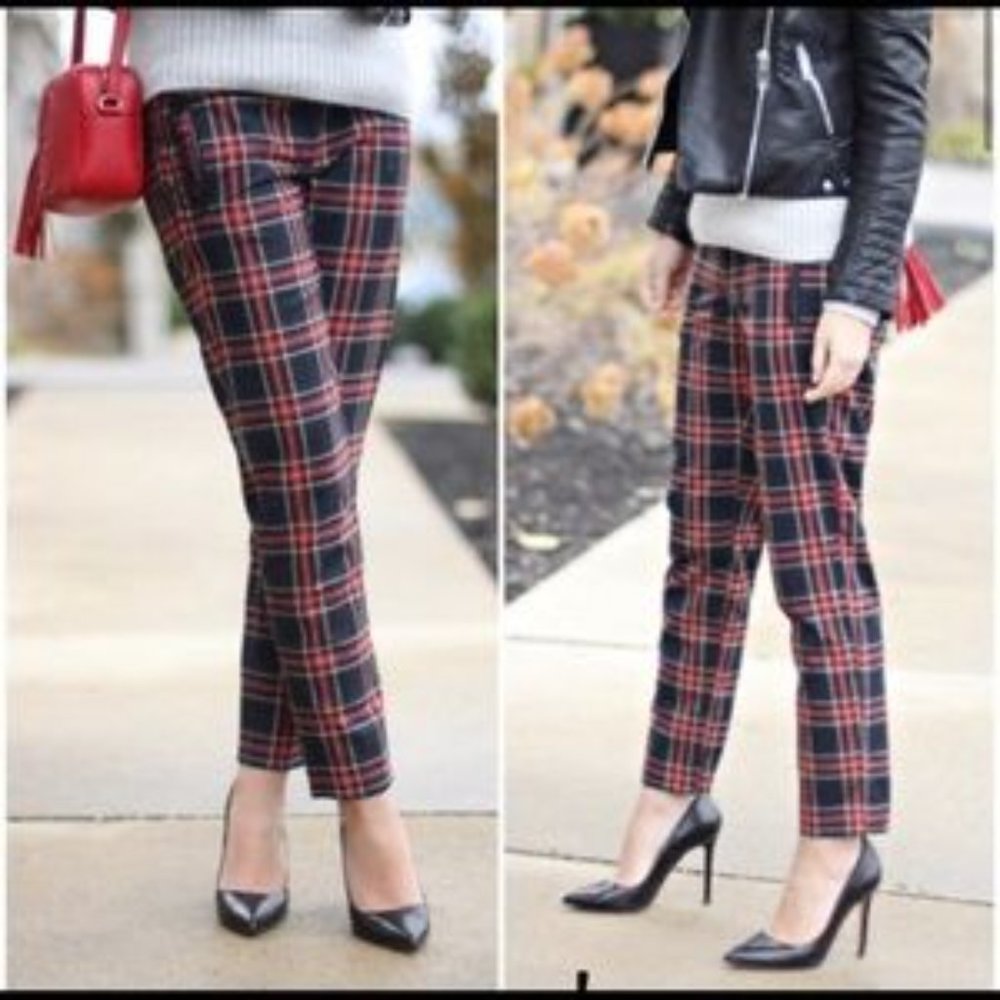 Joe Fresh Red Blk Plaid Cropped Skinny Ankle Pants Sz 10 EUC